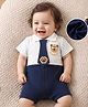Mark & Mia Cotton Half Sleeves Striped Romper With Tie Applique & Bear Print - Navy Blue