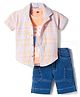 Dapper Dudes Knit Half Sleeves Checks Shirt With Printed Tee & Shorts - Orange