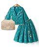 Babyhug Cotton Blend Woven Three Fourth Sleeves Jacket & Lehenga Choli Set with Foil Floral Print - Teal Blue