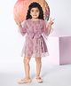Peppermint Net Woven Full Puffed Sleeves Thread Work Embroidered Dress - Pink