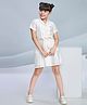 Peppermint Linen Woven Half Sleeves Floral Embroidered Knot Detailed Dress - Beige
