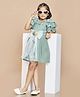 Peppermint Woven Half Flutter Sleeves Bow & Floral Applique Detailed Dress - Green