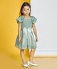 Peppermint Woven Half Flutter Sleeves Bow & Floral Applique Detailed Dress - Green