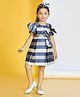 Peppermint Jacquard Knit Half Flutter Sleeves Striped & Bow Applique Detailed Pleated Dress With Hairband - Navy Blue