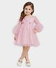 Mi Arcus Woven Full Balloon Sleeves Pearl Embellished Floral Applique Detailed Dress - Peach