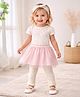 Mi Arcus Cotton Elastane Knit Half Sleeves Bows Printed Frock & Leggings Set With Headband - Cream & Pink