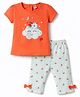 Tango Single Jersey Knit Half Sleeves Butterfly Printed T-Shirt & Capri Night Suit With Bow Applique - Coral