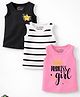 Trampoline Cotton Blend Knit Pack Of 3 Sleeveless Striped & Princess Girl Text Printed Tees - Multi Colour