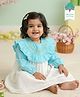 Keebee Organics Organic  Cotton Woven Full Sleeves Floral & Leaves Embroidered Dress - White & Blue