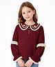My Milestones 100% Cotton Knit Full Sleeves Floral Embroidered Lace Detailed Top - Maroon
