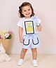 My Milestones 100% Cotton Knit Half Sleeves Bow Applique Detailed Lace Embellished Top & Shorts Set - White & Blue