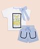 My Milestones 100% Cotton Knit Half Sleeves Bow Applique Detailed Lace Embellished Top & Shorts Set - White & Blue