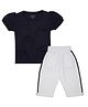 My Milestones 100% Cotton Knit Half Sleeves Bow Applique Detailed Top & Pants Sets - Navy Blue & White