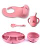 ZoZoBaa Silicone Feeding Set Including Baby Bib,Long Spoon, Straw Training Cup, Suction Base Oval Plate & Bowl for Toddler |Solid Cutlery Set | Easy Wipe Clean| Baby Weaning Sets (5 Pc), Dark Red