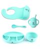 ZoZoBaa Silicone Feeding Set Including Baby Bib,Long Spoon, Straw Training Cup, Suction Base Oval Plate & Bowl for Toddler |Solid Cutlery Set | Easy Wipe Clean| Baby Weaning Sets (5 Pc), Mint Green