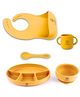 ZoZoBaa Silicone Feeding Set Including Baby Bib,Long Spoon,Open Handle Cup, Suction Base Oval Plate & Bowl for Toddler |Solid Cutlery Set|Easy Wipe Clean|Baby Weaning Sets (5 Pc), [Yellow]