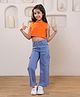 Shorgul Cotton Knit Sleeveless Solid Crop Top & Cargo Style Jeans Set - Orange