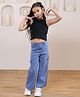 Shorgul Cotton Knit Sleeveless Solid Crop Top & Cargo Style Jeans Set - Black