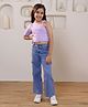 Shorgul Cotton Knit Half Puffed Sleeve Solid Ribbed Top & Cargo Style Jeans Set - Purple