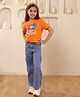 Shorgul Cotton Knit Half Sleeves Girl Printed Tee & Cargo Style Jeans Set - Orange