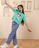 Shorgul Cotton Knit Half Sleeves Girl Printed Tee & Cargo Style Jeans Set - Green