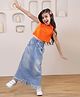 Shorgul Cotton Knit Sleeveless Solid Top & Washed Skirt Set - Orange