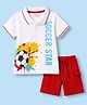 Babyhug Single Jersey Knit Half Sleeves Polo T-Shirt & Shorts With Soccer Print - White & Red