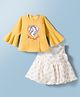 Enfance Core Embosis Hosiery Knit To Woven Full Bell Sleeves Top & Skirt Set With Unicorn & Heart Print - Yellow