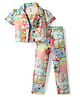 Enfance Core Cotton Knit To Woven Sleeveless Co-Ord Top & Pant Set With Full Sleeves Jacket & Floral Print - Green