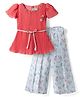 Enfance Core Cotton Knit To Woven Half Sleeves Crushed Top & Pant Set With Belt Floral Print & Applique - Pink