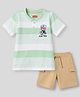 Babyhug Single Jersey Knit Half Sleeves Striped Henley Neck T-Shirt & Shorts Set With Teddy Print - Multicolor