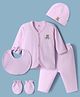I Bears Interlock Knit Full Sleeves T-Shirt & Pyjama Night Suit With Bibs Mittens Cap & Bear Embroidery - Pink