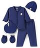 I Bears Interlock Knit Full Sleeves T-Shirt & Pyjama Night Suit With Cap Mittens & Bib & Bear Embroidery - Navy Blue