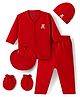 I Bears Interlock Knit Full Sleeves T-Shirt & Pyjama Night Suit With Bib Mittens Cap & Bear Embroidery - Red