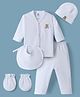 I Bears Interlock Knit Full Sleeves T-Shirt & Pyjama Night Suit With Cap Bib Mittens & Bear Embroidery - White