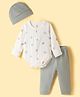 I Bears Interlock Knit Full Sleeves Toy Printed Onesie With Leggings & Cap - Grey & Light Green