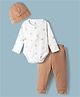 I Bears Interlock Knit Full Sleeves Toy Printed Onesie With Leggings & Cap - Brown & White