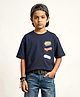 Kaboosh Cotton Knit Drop Shoulder Half Sleeves Boom & Magic Text Printed Tee - Navy Blue