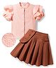 OLLINGTON ST. Woven Half Sleeve Top With & Poplin Skirt Set - Peach & Brown