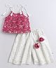 Many frocks & Net Woven Sleeveless Floral Applique Detailed Glitter Printed Top & Pant Set - Cream & Purple