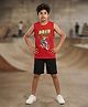 Kaboosh Cotton Knit Sleeveless Superflight Text Printed Tee & Shorts Set - Red & Jet Black