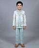 BT DEZINES Satin Woven Solid Sherwani & Pants With Full Sleeves Leaf Embroidered Sequins Embellished Jacket Set - Aqua Blue
