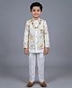 BT DEZINES Satin Woven Solid Sherwani & Pants With Full Sleeves Leaf Embroidered Sequins Embellished Jacket Set - Off White