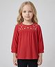 Creative Kids Rayon Woven Three Fourth Sleeves Floral Embroidered Top - Red