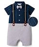 Mark & Mia Cotton Woven Half Sleeves Striped Party Romper With Bow & Suspender - Navy Blue & Grey