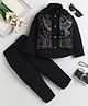 Fourfolds Velvet Woven Solid Sherwani & Pants With Full Sleeves Peacock Embroidered Sequins Embellished Jacket Set - Black