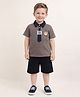 Little Marine Cotton Blend Knit Half Sleeves Bear Patch Detailed Tee & Shorts Set - Brown & Black