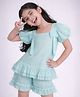 PURPLE UNITED KIDS Cotton Woven Half Puffed Sleeves Frill & Bow Applique Detailed Top & Shorts Set - Light Blue