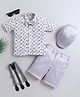 Fourfolds Cotton Blend Woven Half Sleeves Abstract Printed Shirt & Shorts Set With Cap Suspender & Bow - Grey