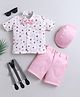 Fourfolds Cotton Blend Woven Half Sleeves Triangles Printed Shirt & Shorts Set With Cap Suspender & Bow - Pink